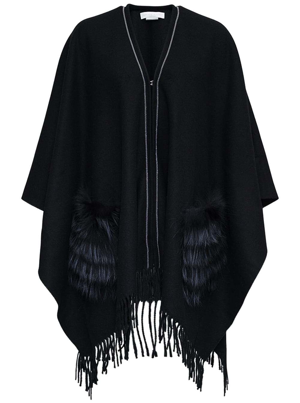 Fabiana Filippi Black Wool Cape With Fringes And Fur Pockets