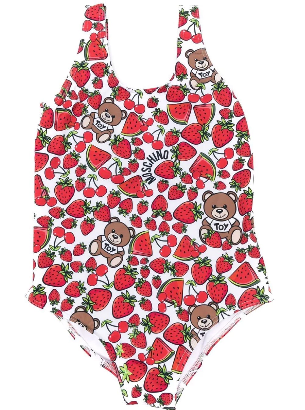 Moschino Kids Baby-girls Allover Strawberry-printed Swimsuit In Red Stretch Fabric
