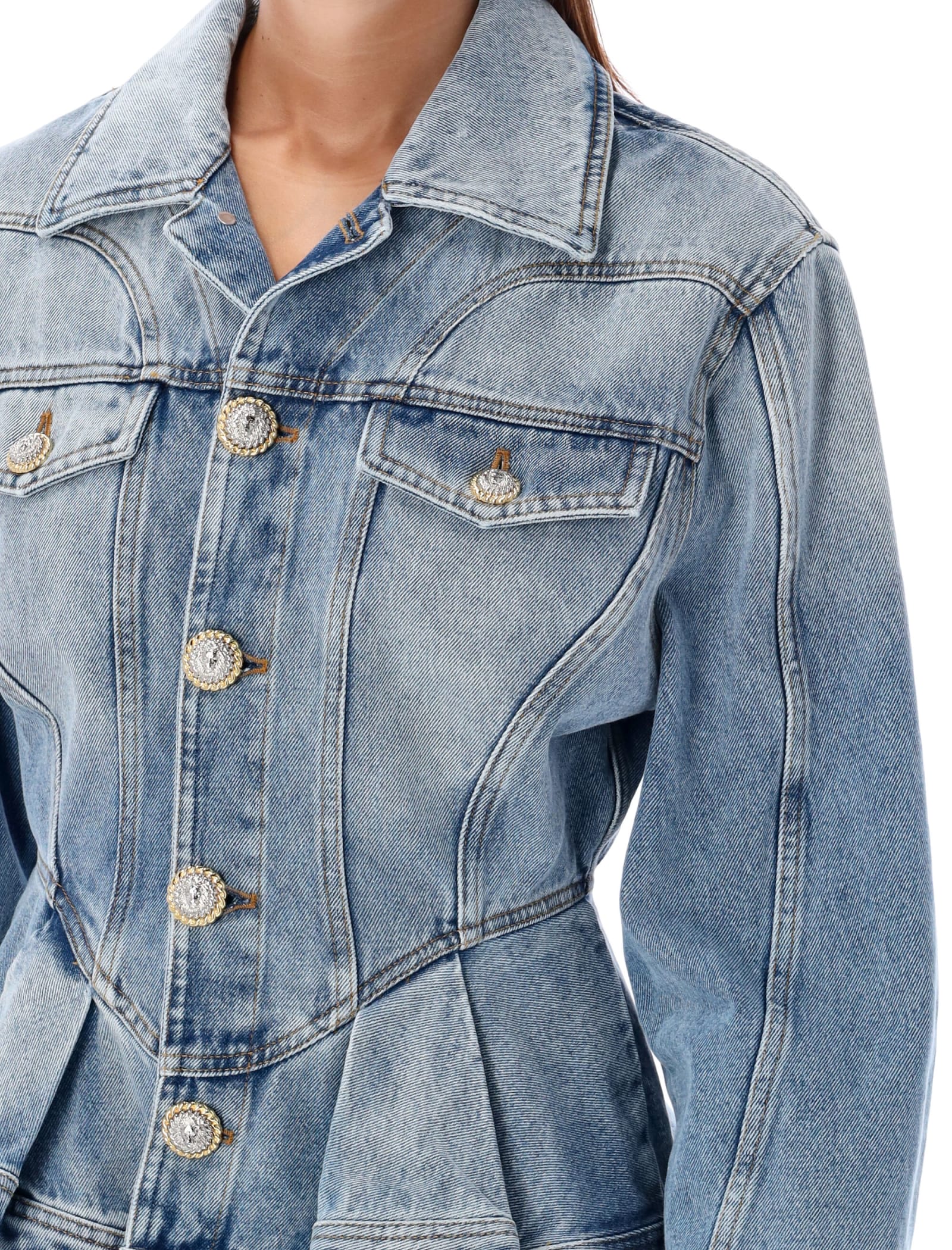 Shop Balmain Peplum Denim Jacket In Light Blue