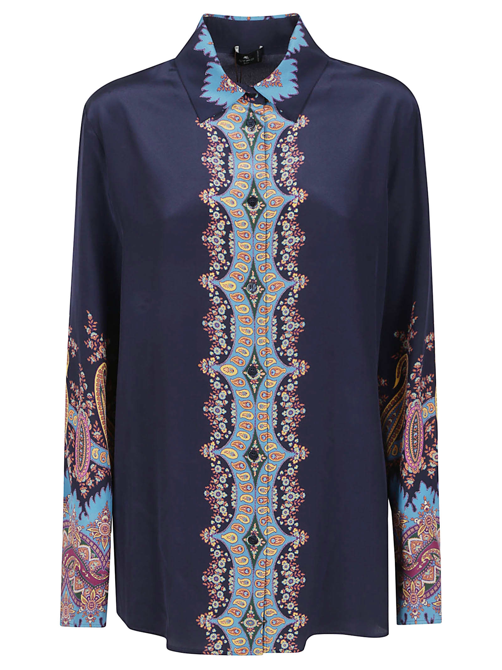 Etro Paisley Print Crepe De Chine Long-sleeved Shirt In Blue