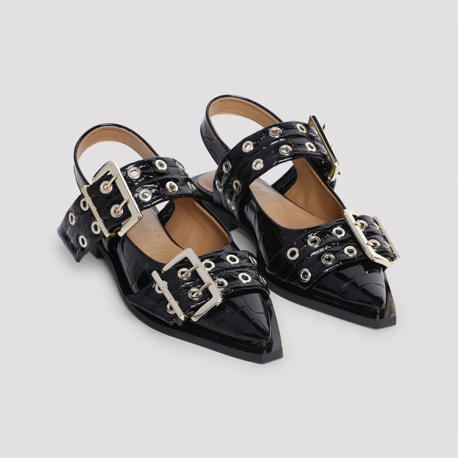 Shop Ganni Feminine Buckle Naplack Croco Ballerina In Black