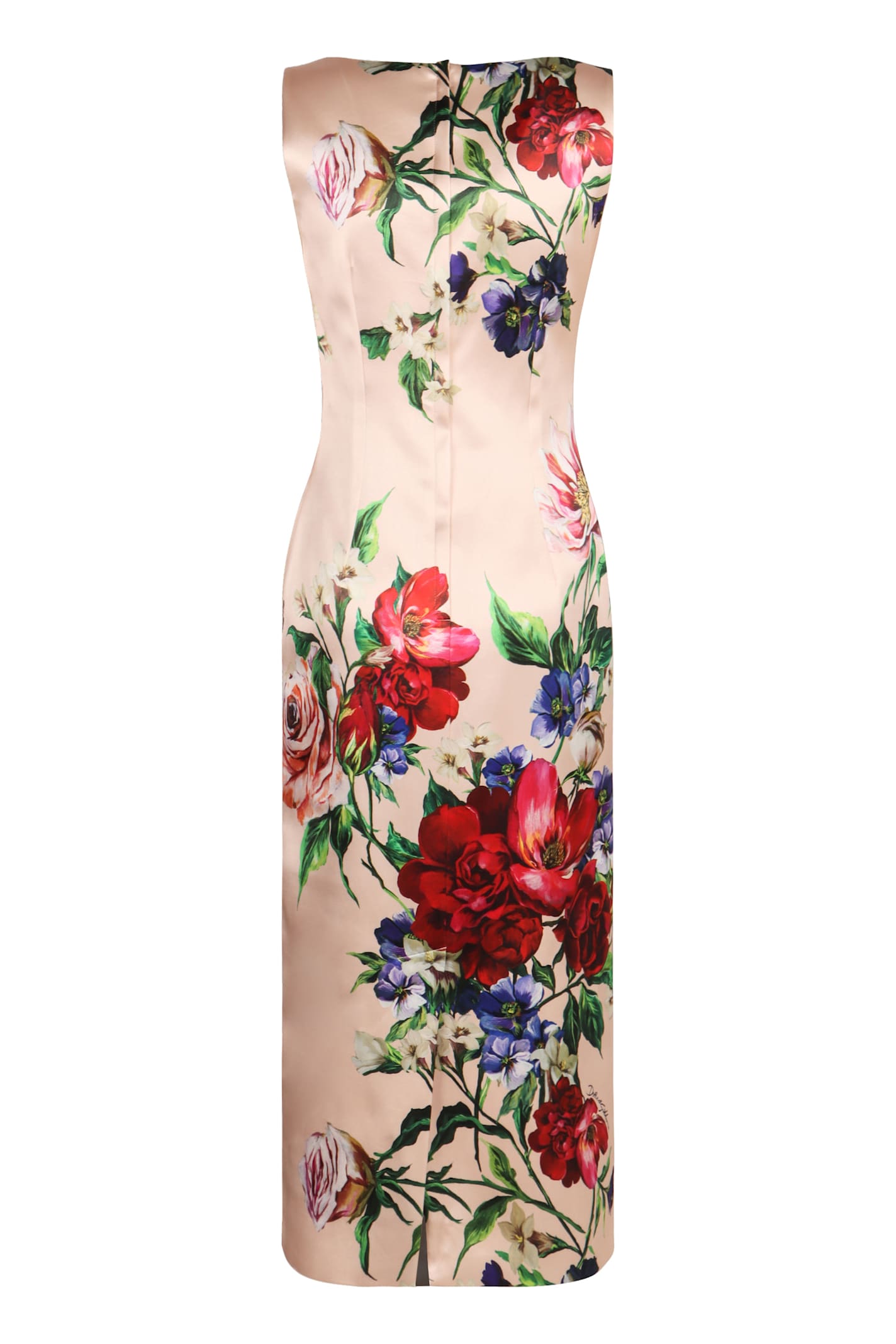 Dolce & Gabbana Satin Calf-length Sheath Dress With Floral Print In Black