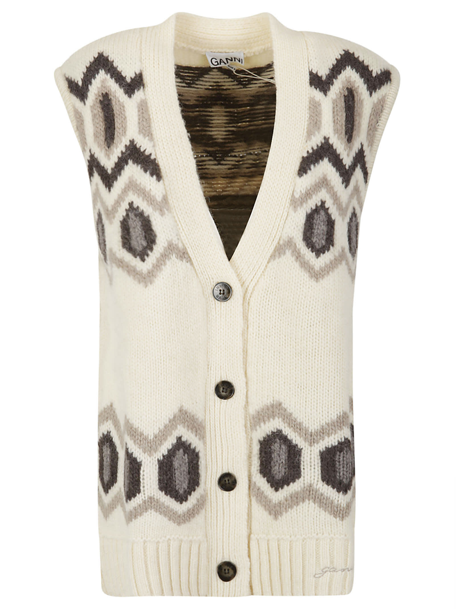 Ganni Oversized Embroidered Intarsia-knit Organic Wool Vest In 135