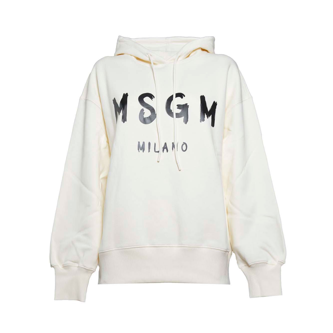 Shop Msgm Logo Printed Drawstring Hoodie In Panna