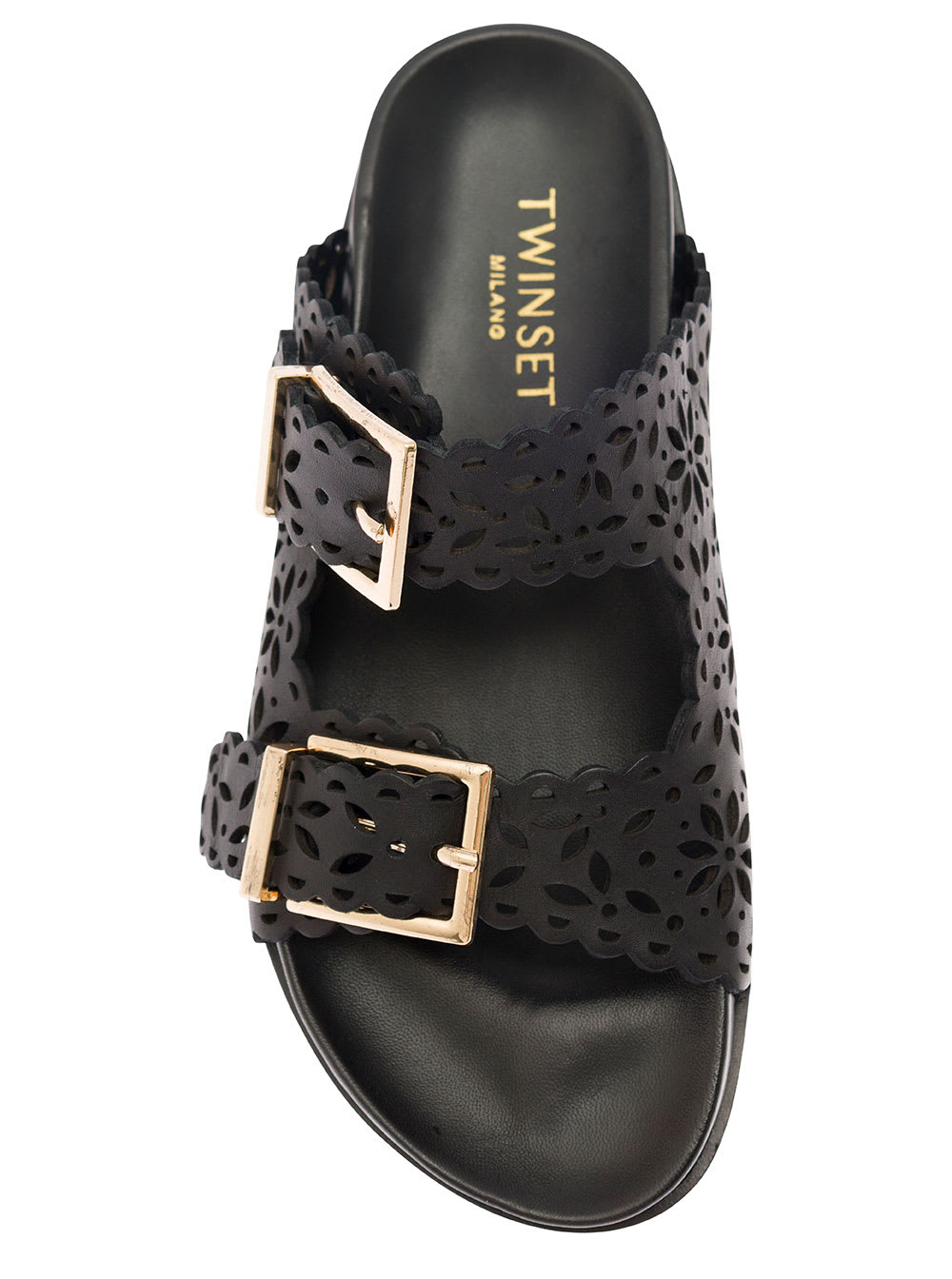 Shop Twinset Black Slip-on Slippers With Lace Effect Leather Woman
