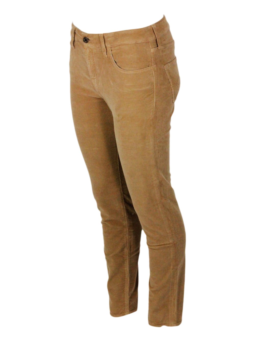Shop Jacob Cohen Kimberly Cigarette Cut Trousers In Soft 1000 Striped Stretch Velvet With 5 Pockets W/zip And Button  In Camel