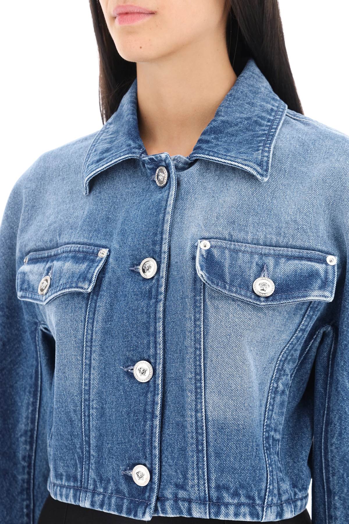 Shop Versace Cropped Denim Jacket In Medium Blue (blue)