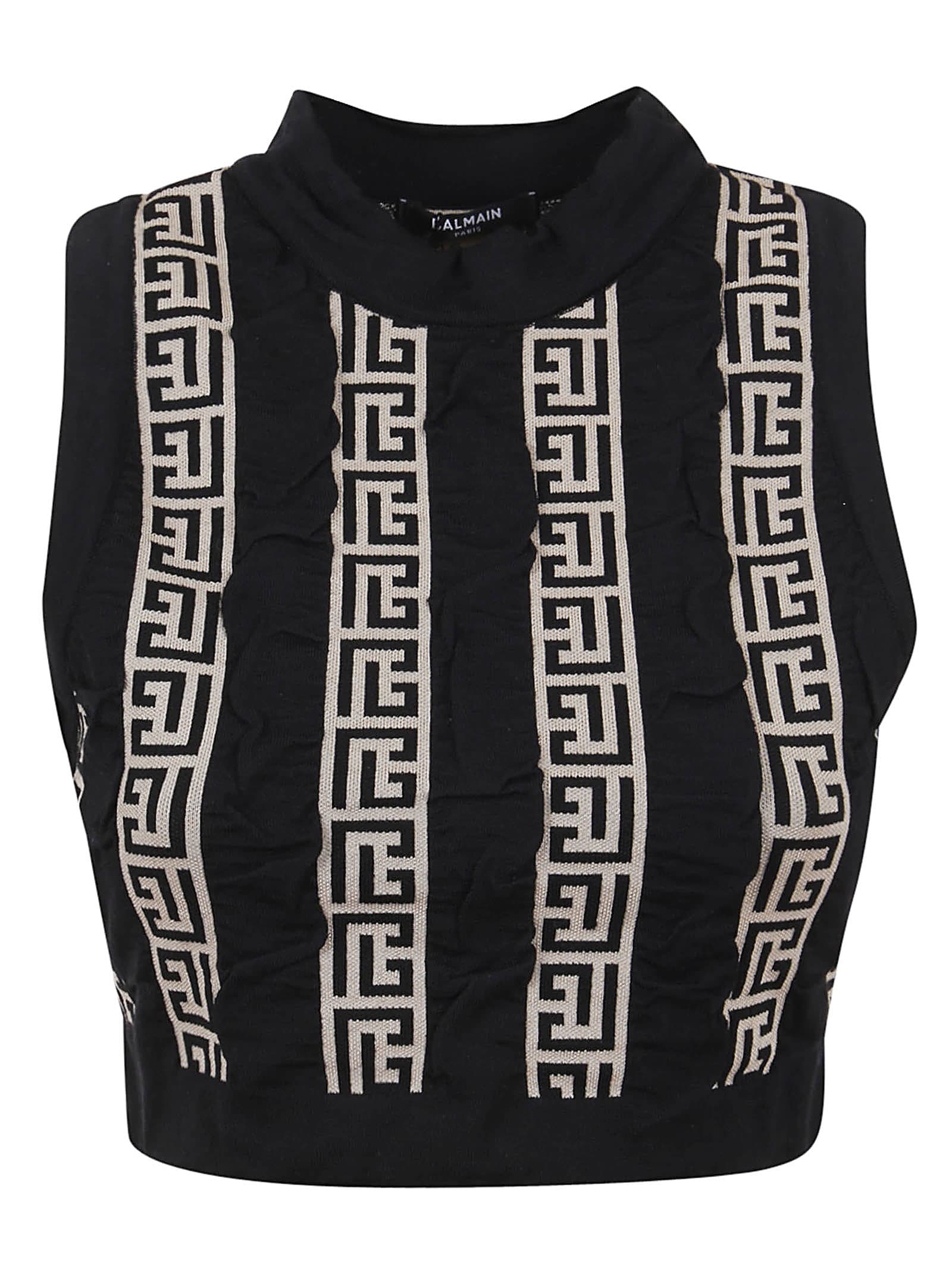Balmain Monogram Stripe Wool Blend Crop Top In Gfe Ivoire Noir
