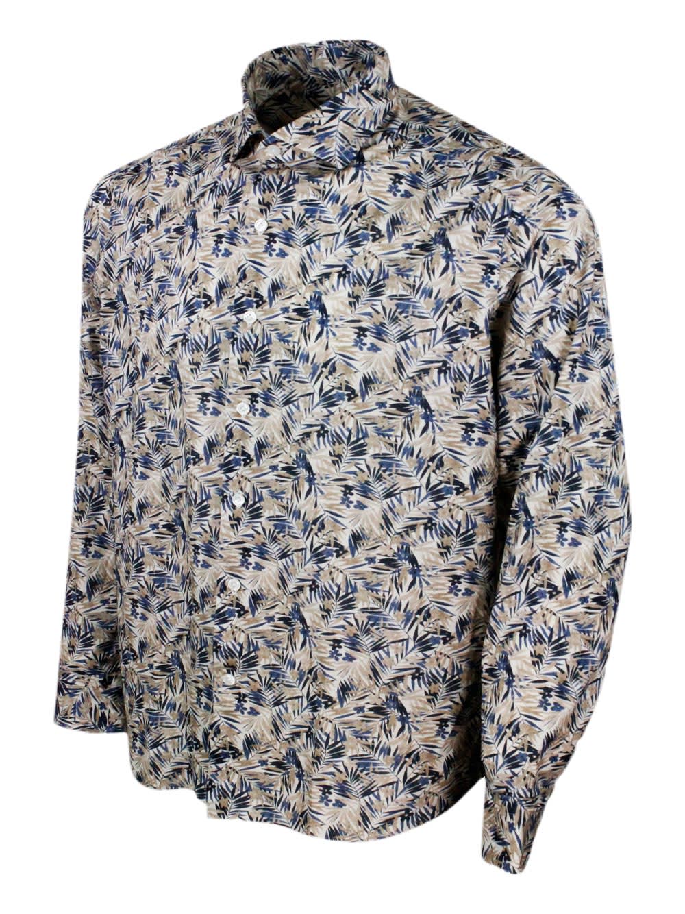 Shop Sonrisa Luxury Shirt In Soft, Precious And Very Fine Stretch Cotton Flower With Spread Collar In Fern Print In Beige