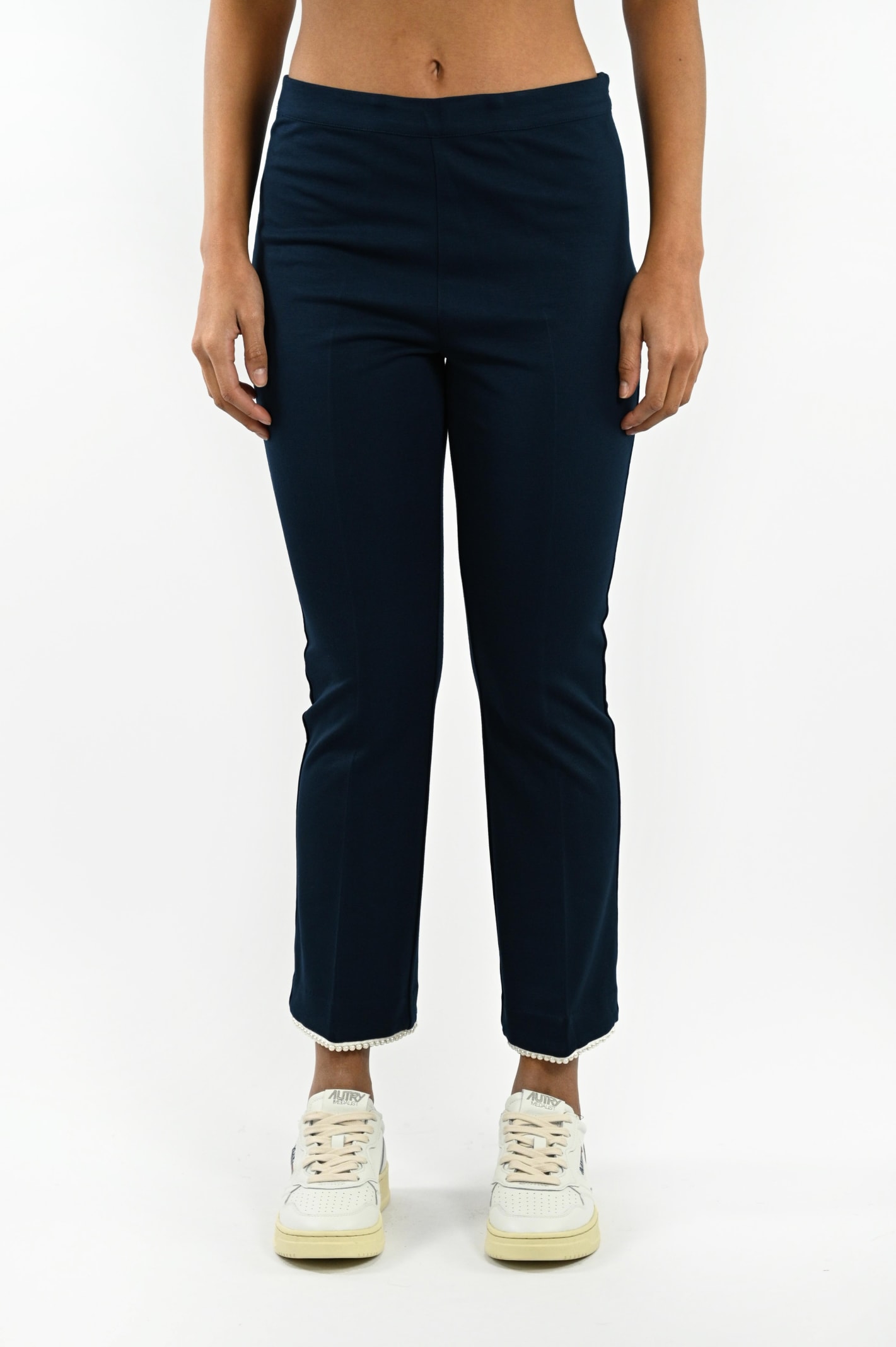 Twinset Cropped Trousers With Pearls In Indaco