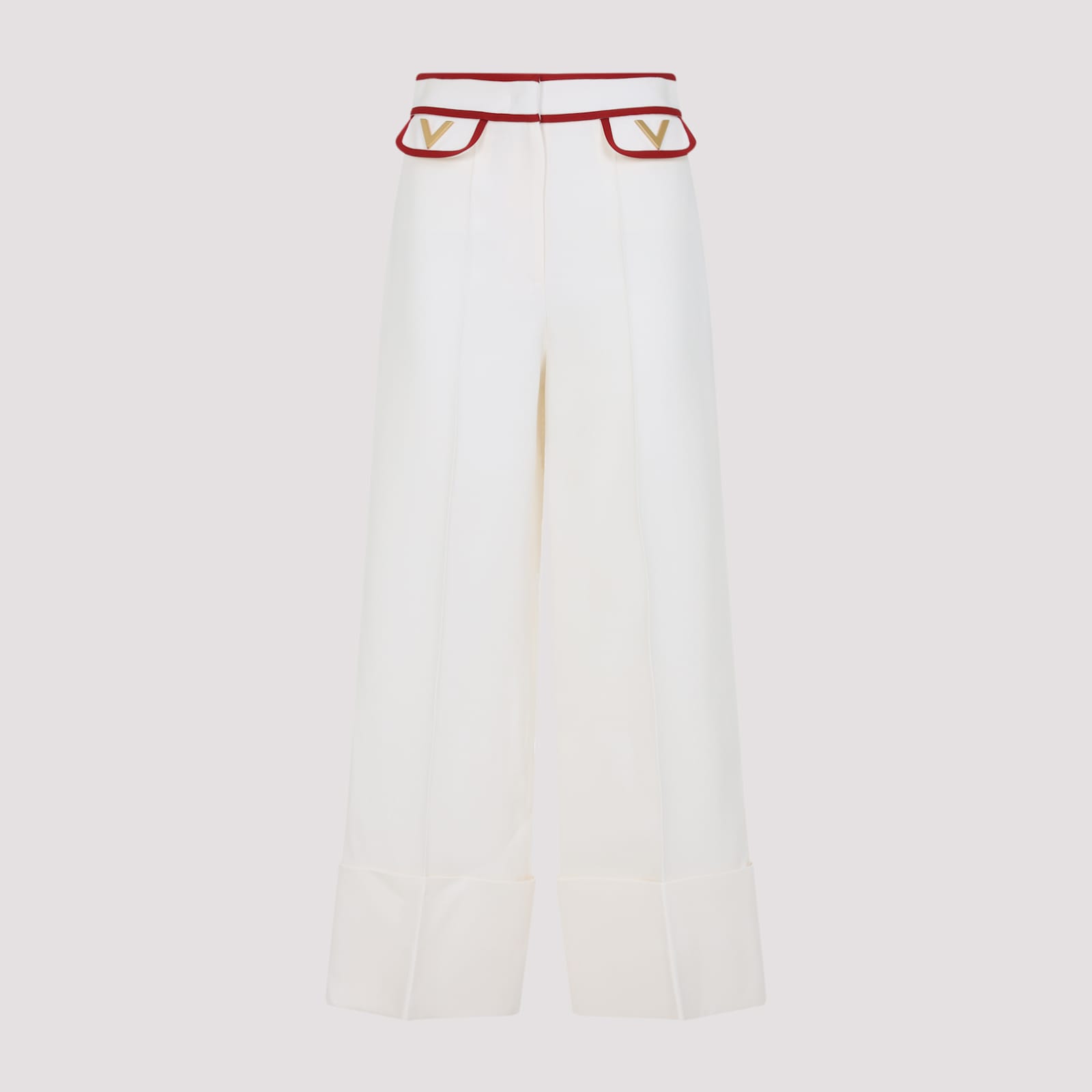 Valentino Ivory Trousers With Gold V In White