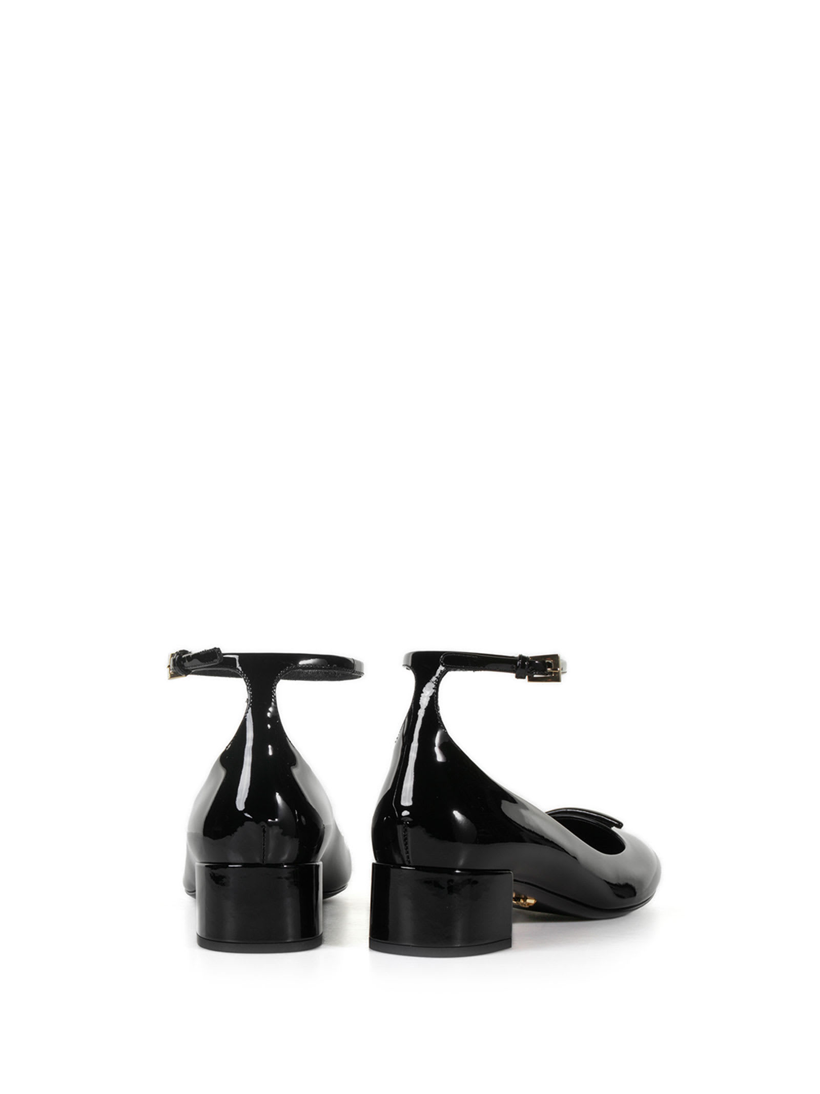 Prada Leather Pumps With Logo And Strap In Nero