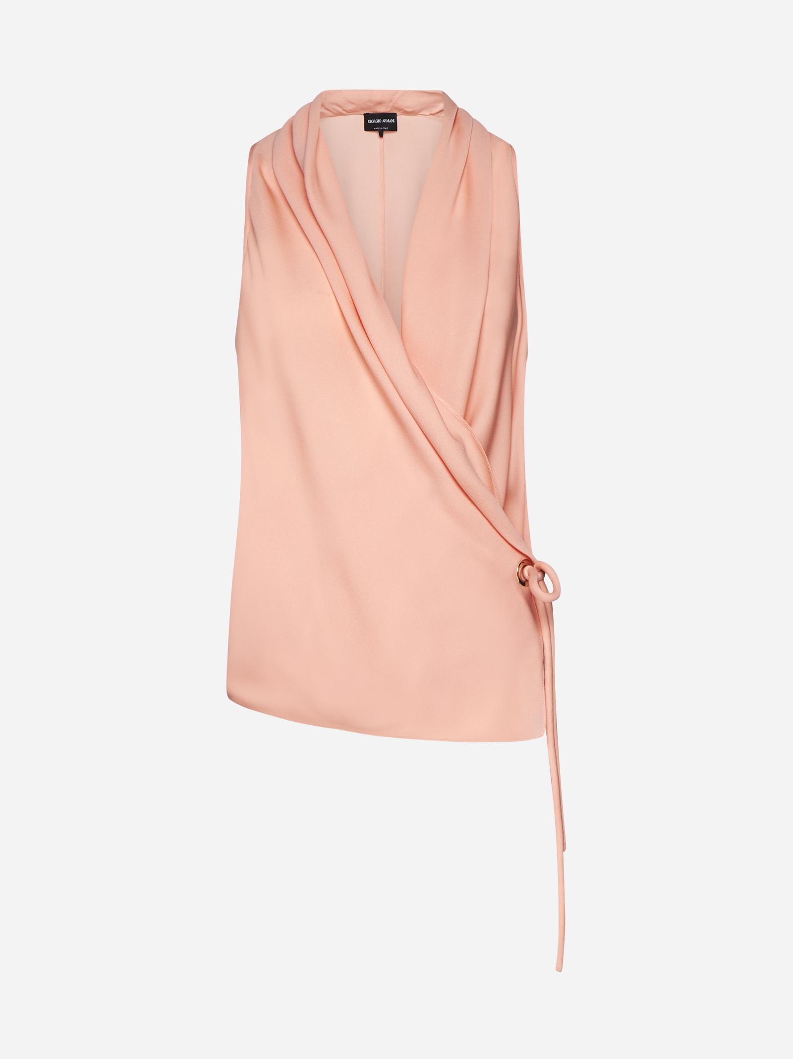 Shop Giorgio Armani Silk Wrap Top In Peach Beige