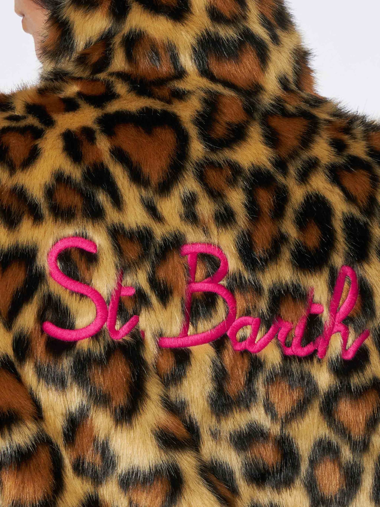 Mc2 Saint Barth Woman Furry Short Jacket With Animalier Heart Print In Brown