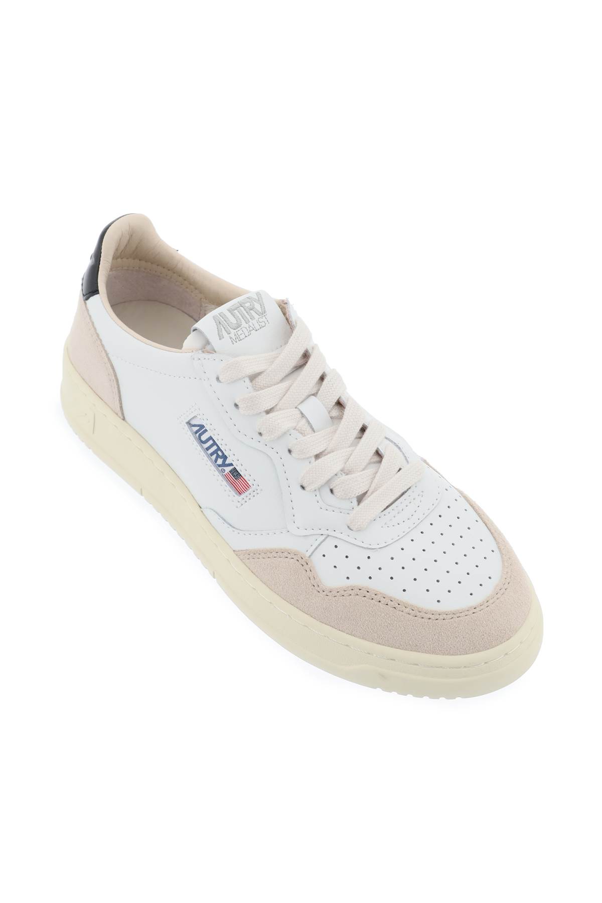 Autry 'medalist' White Low Top Sneakers With Beige Suede Details In White/black