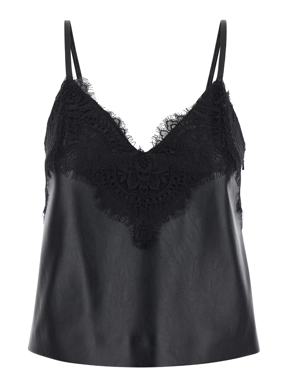 Shop Alberta Ferretti Black Top With Lace Trim In Eco Leather And Fabric Woman