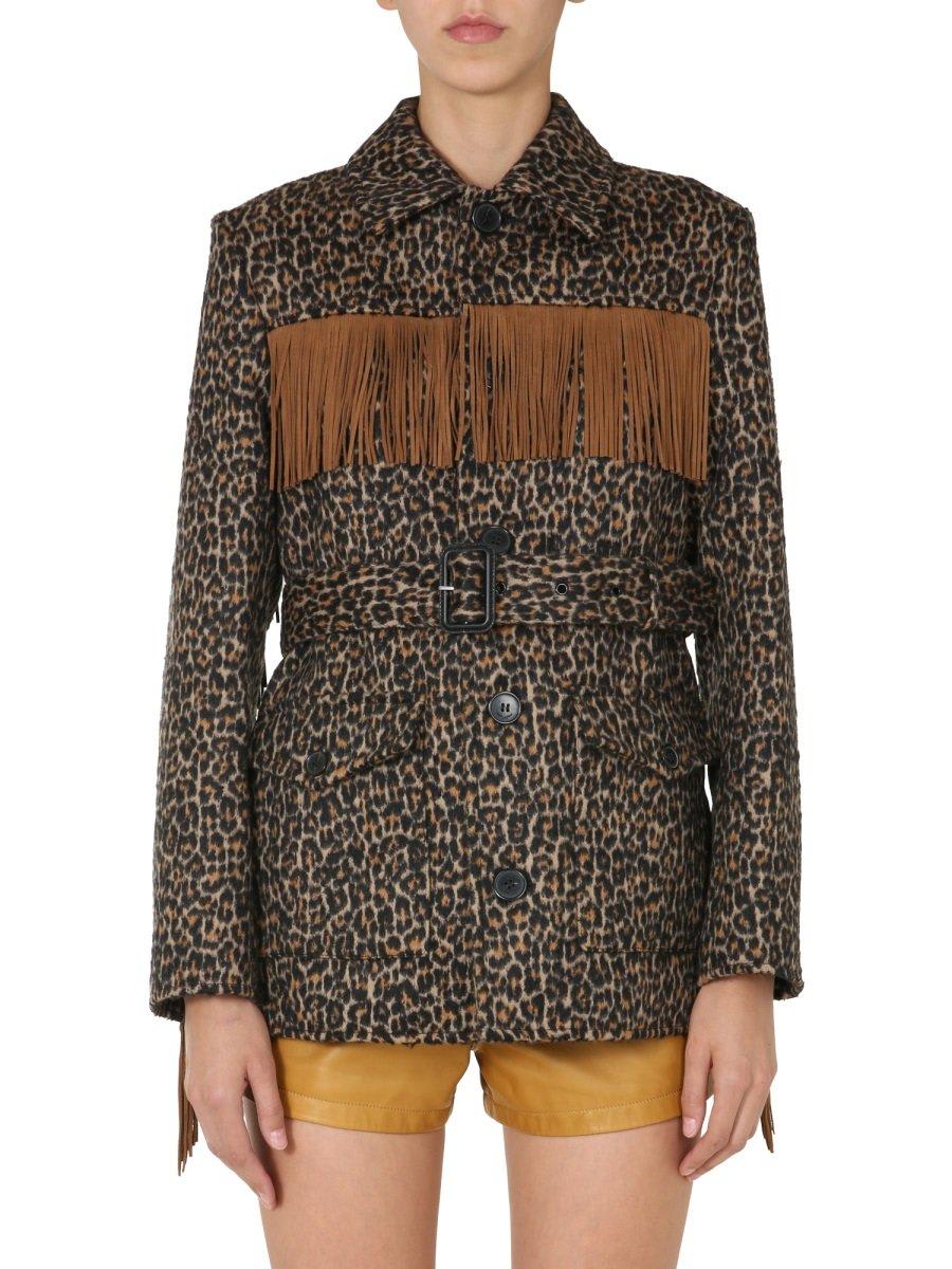 Shop Saint Laurent Leopard Print Fringed Jacket In Animalier