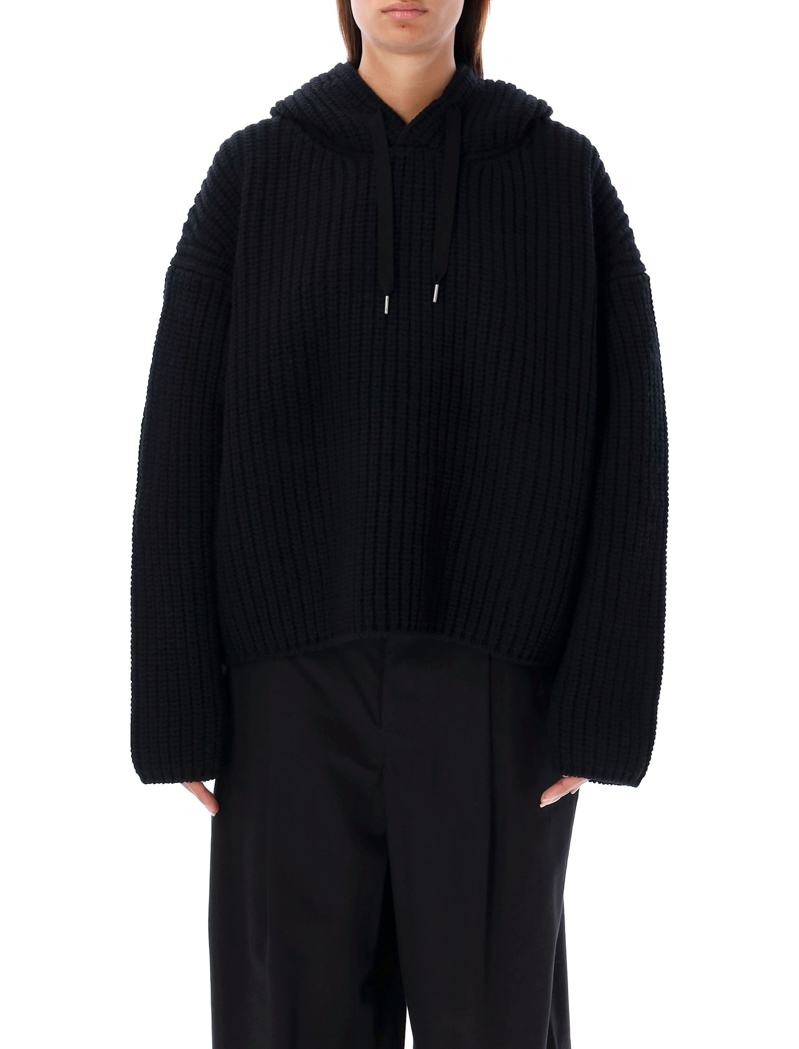 Shop Junya Watanabe Ribbed Knit Oversized Hoodie In Black