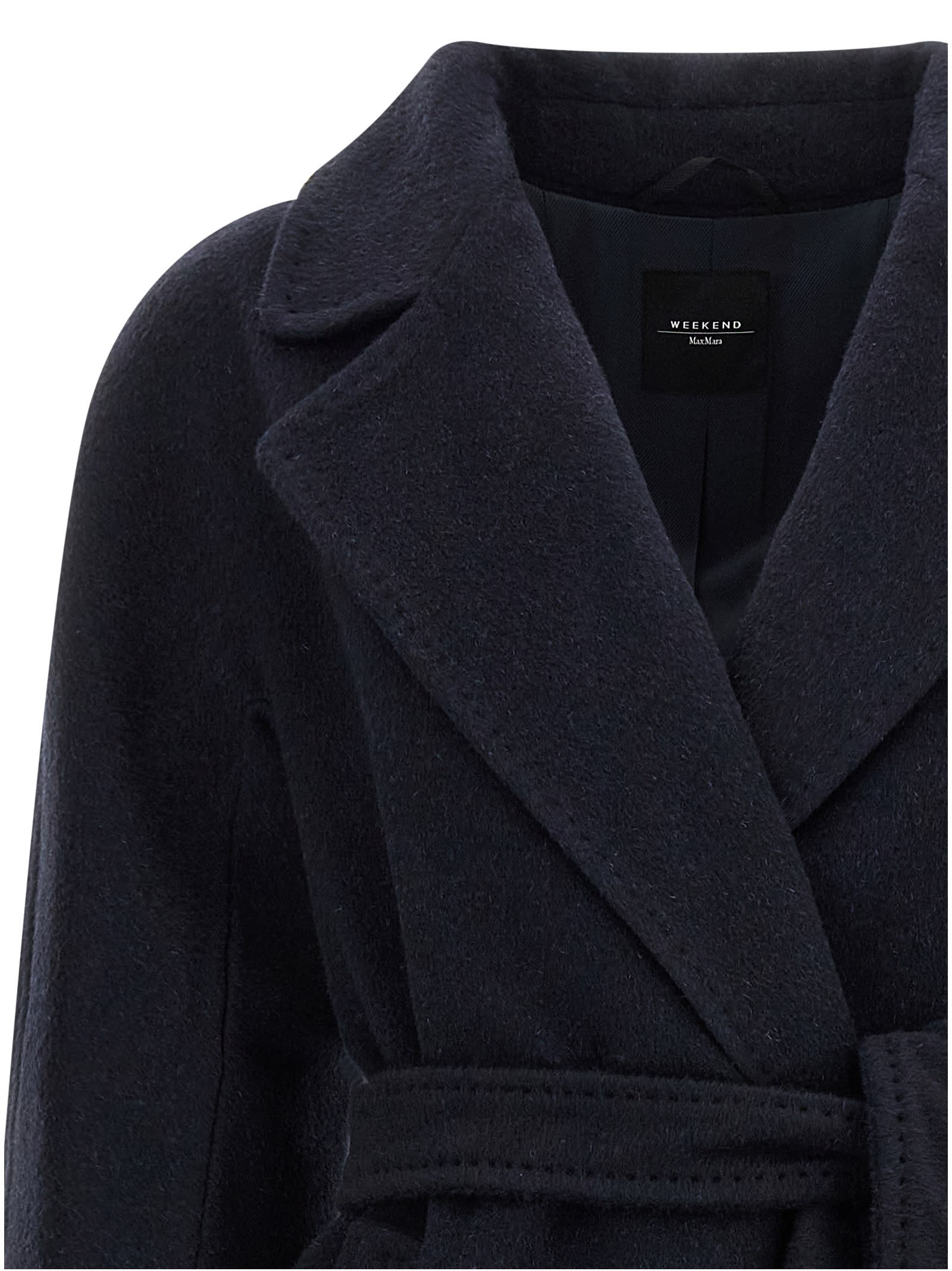 Weekend Max Mara Belted Long Sleeve Coat Side Pockets In Blue