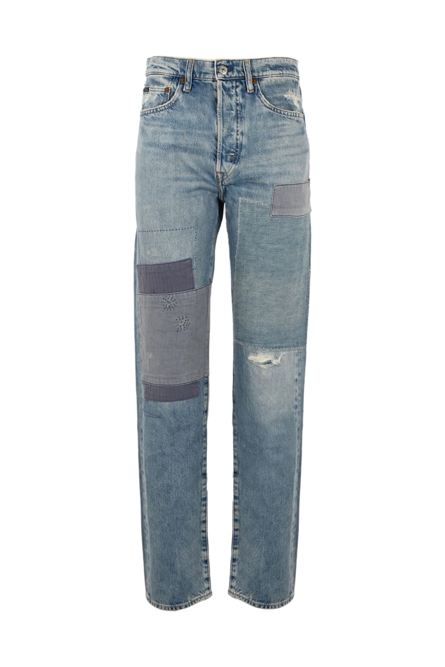 Polo Ralph Lauren Straight Denim Trousers With Patches In Blue