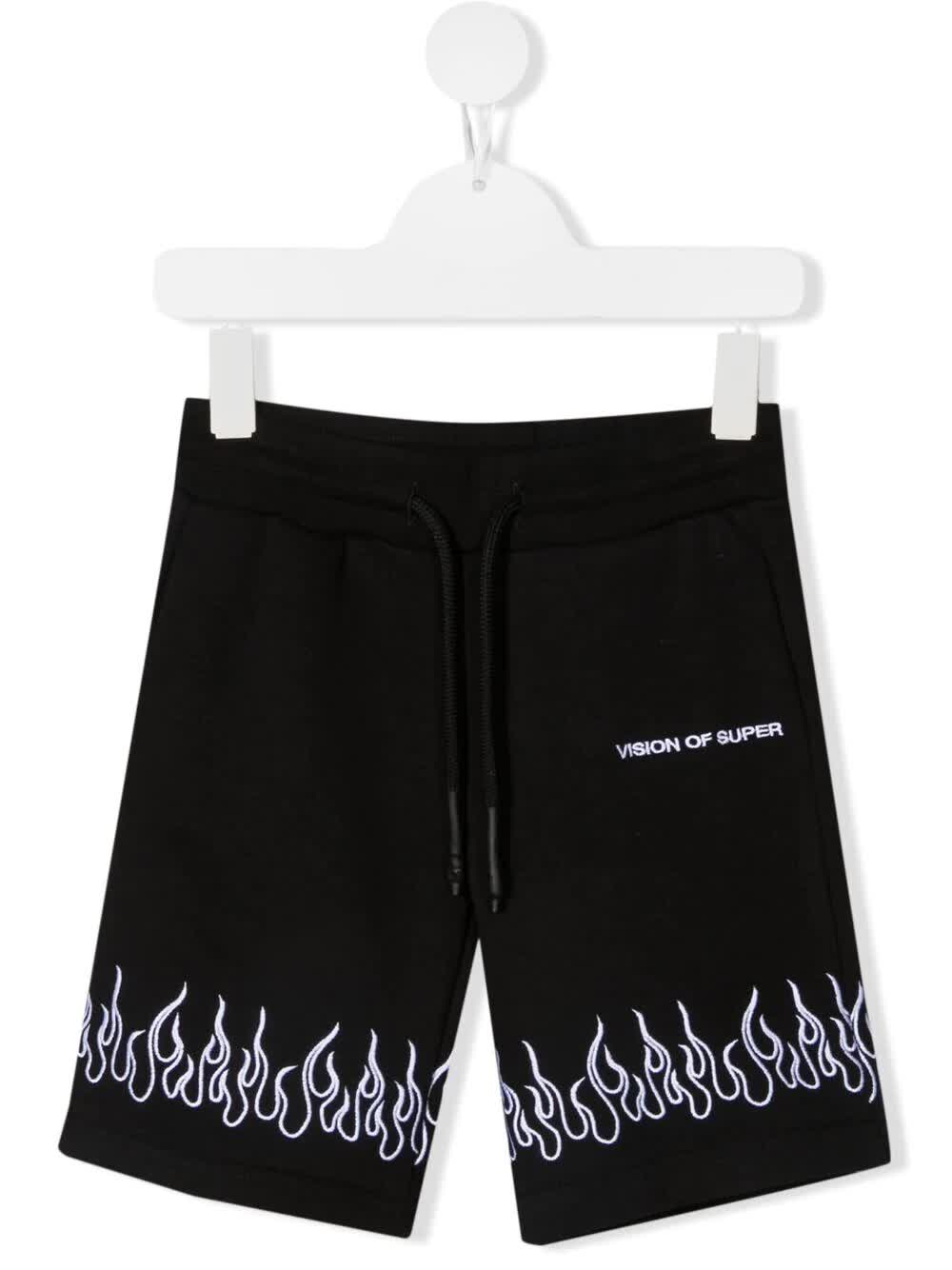 Vision of Super Kid Black Sports Bermuda With Embroidered White Flames