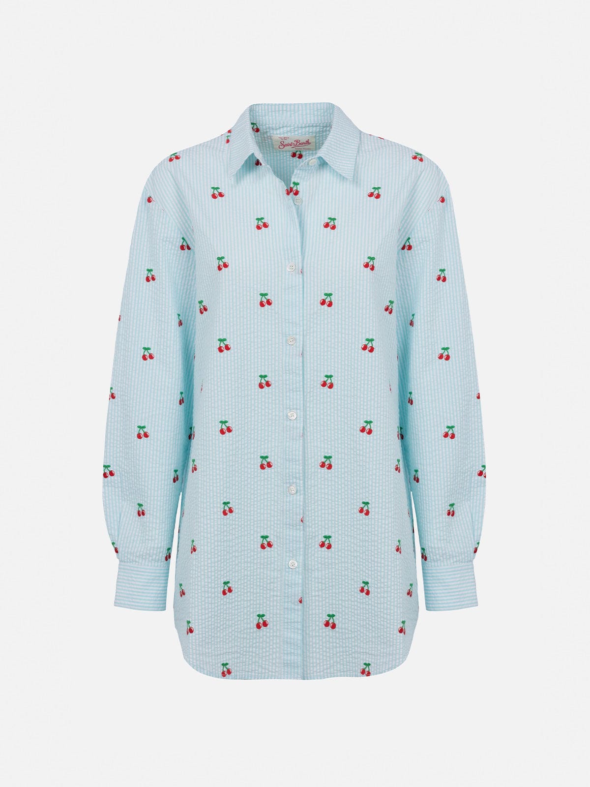 Mc2 Saint Barth Woman Seersucker Cotton Shirt Brigitte With Cherry Patches In Green