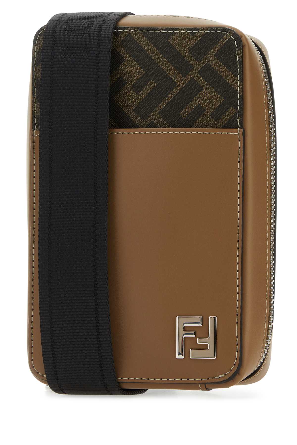 Shop Fendi Prined Fabric And Leather Crossbody Bag In Sand