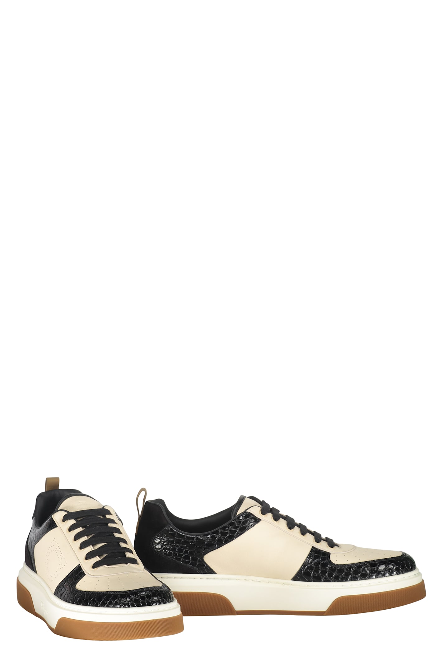Ferragamo Cassina Smooth And Croc-effect Leather Sneakers In White