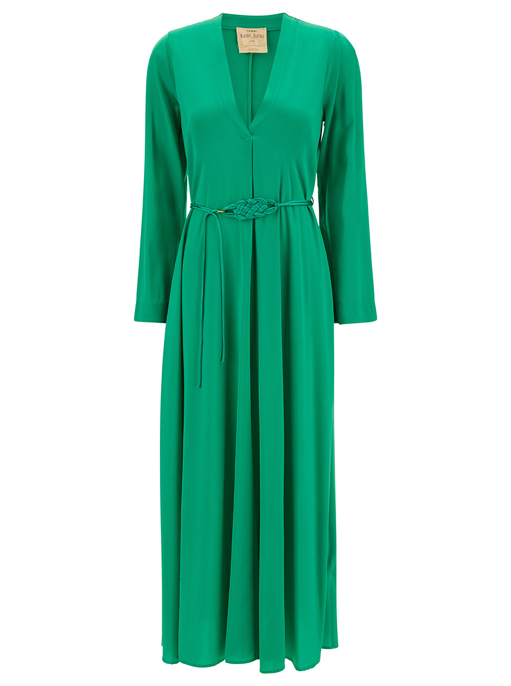 FORTE FORTE LONG GREEN DRESS WITH BELT AND LONG SLEEVES IN STRETCH SILK WOMAN