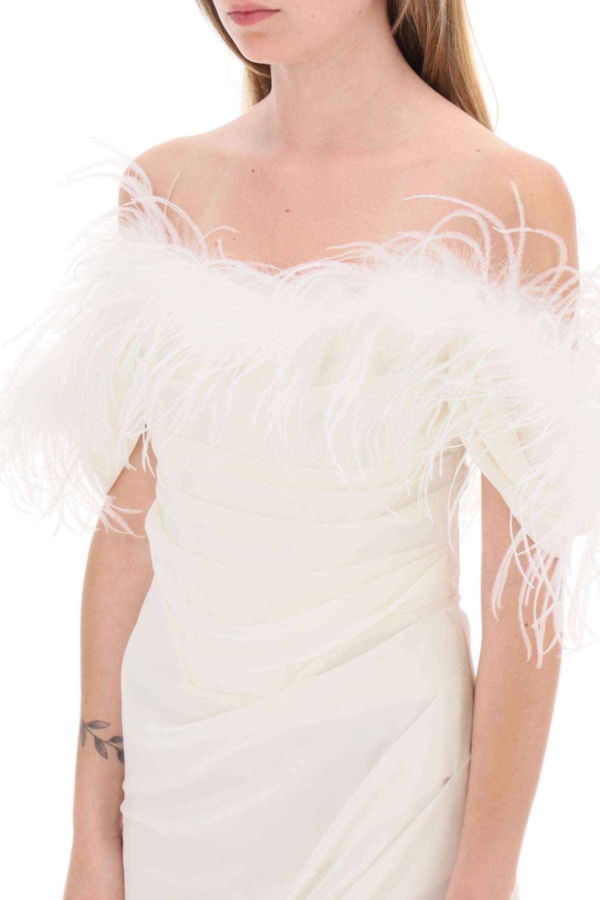 Shop Giuseppe Di Morabito Mini Dress In Poly Georgette With Feathers In Milk White (white)