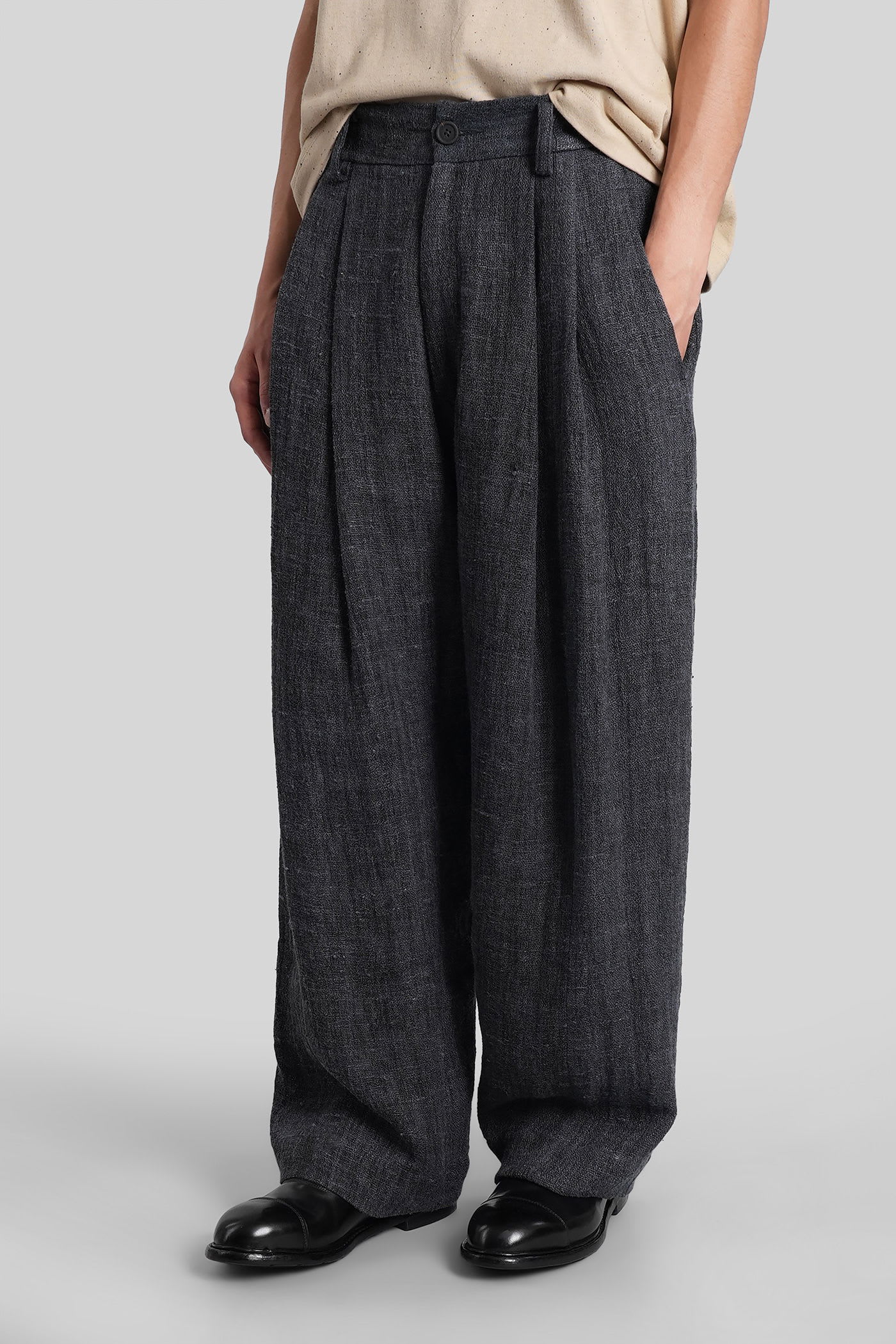 Ziggy Chen Pants In Blue Linen In Black