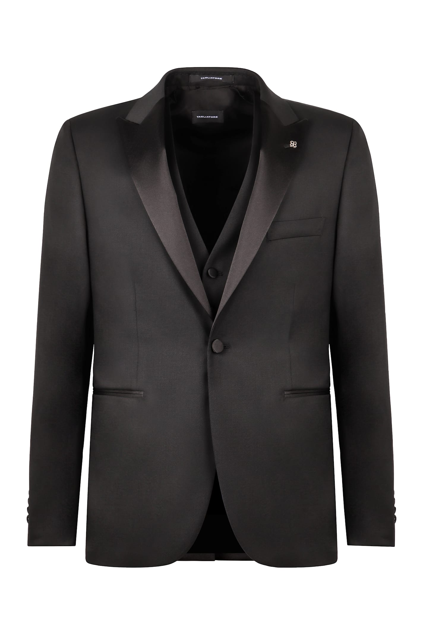 Shop Tagliatore Stretch Wool Three-pieces Suit In Black