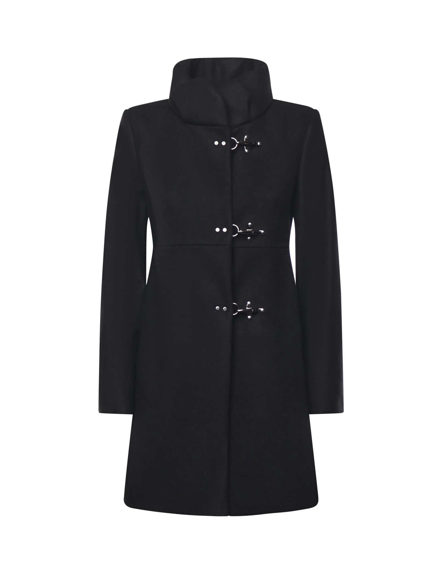 Fay Structured Black Coat With Stand-up Collar And Toggle Closures In Black