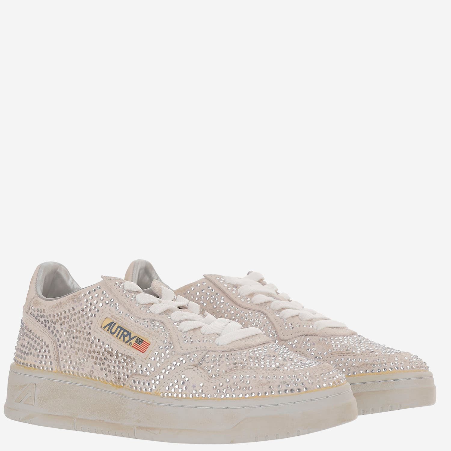 Autry Medalist Low Suede Sneakers With Rhinestones In Neutral