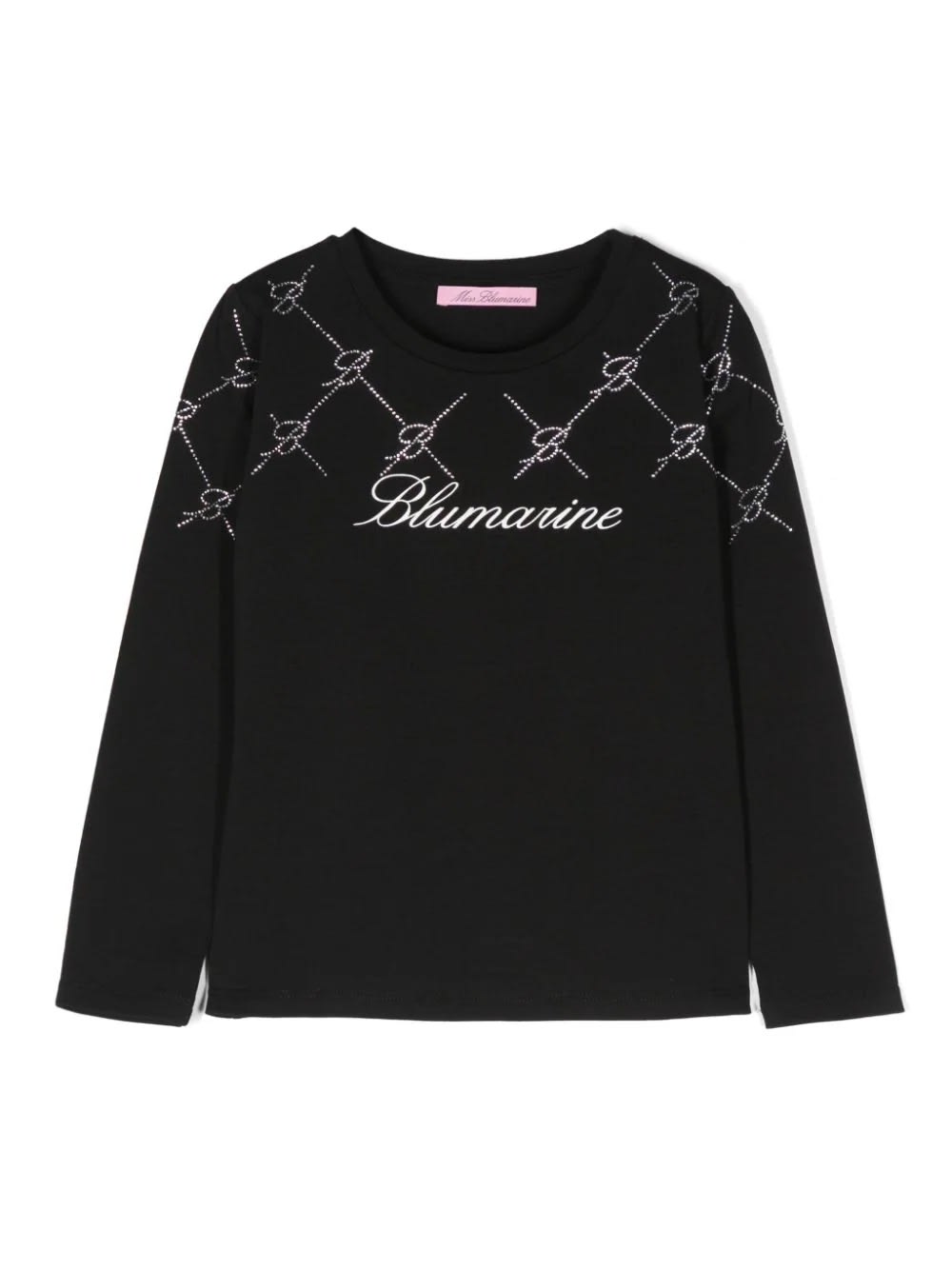 Shop Miss Blumarine Black T-shirt With Rhinestone Logo And Monogram Motif