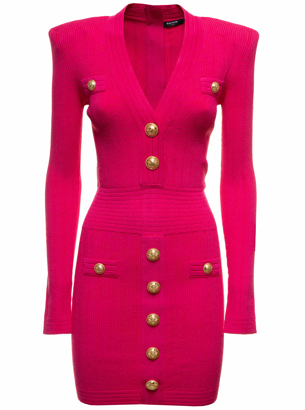 Balmain Short Fuxia Dress In Eco-designed Knit With Gold-tone Buttons Woman