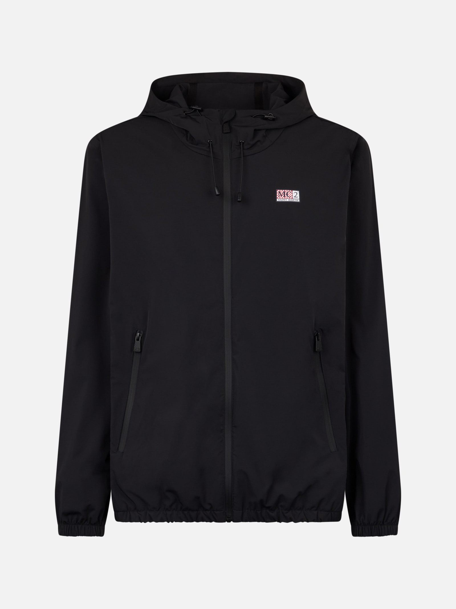 Mc2 Saint Barth Man Hooded Lightweight Black Fabric Windbreaker Sloop In Black