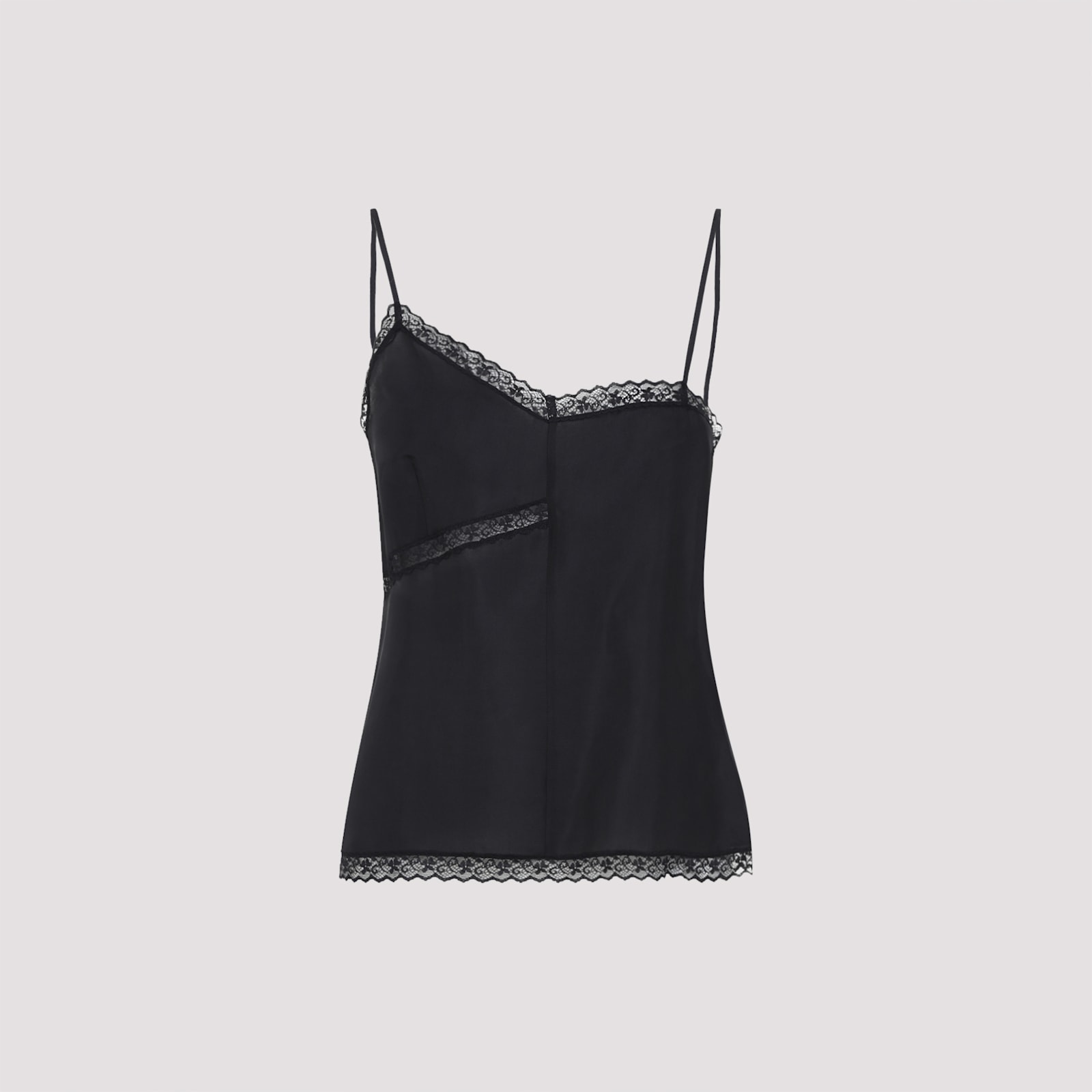 Mm6 Maison Margiela Lace-trimmed Asymmetric Silk Top In Black