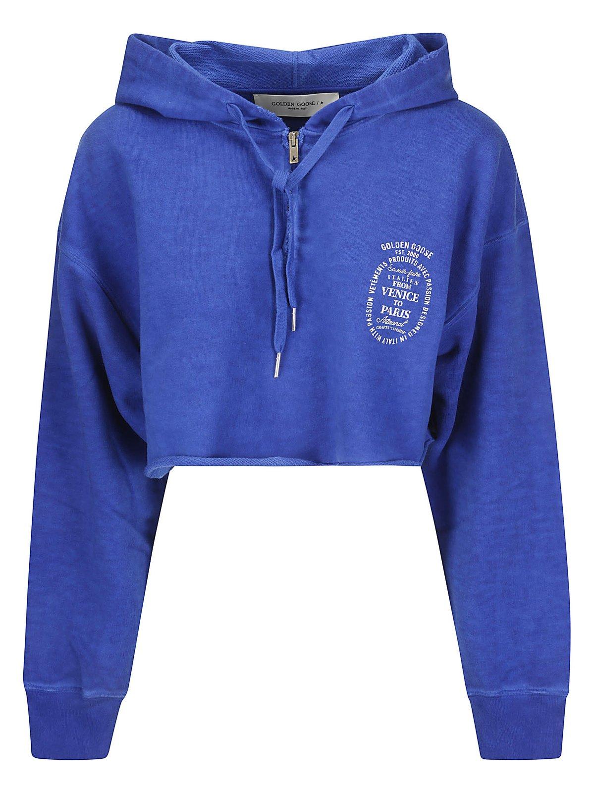Shop Golden Goose Zip-up Drawstring Cropped Hoodie In Sapphire