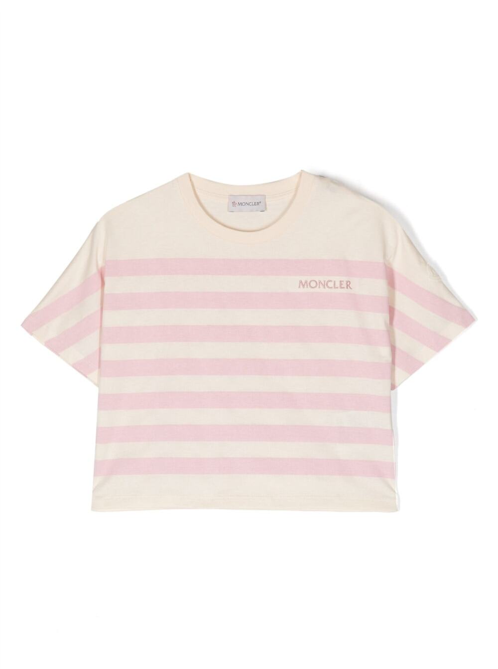 MONCLER PINK AND WHITE CREWNECK STRIPED T-SHIRT IN COTTON GIRL