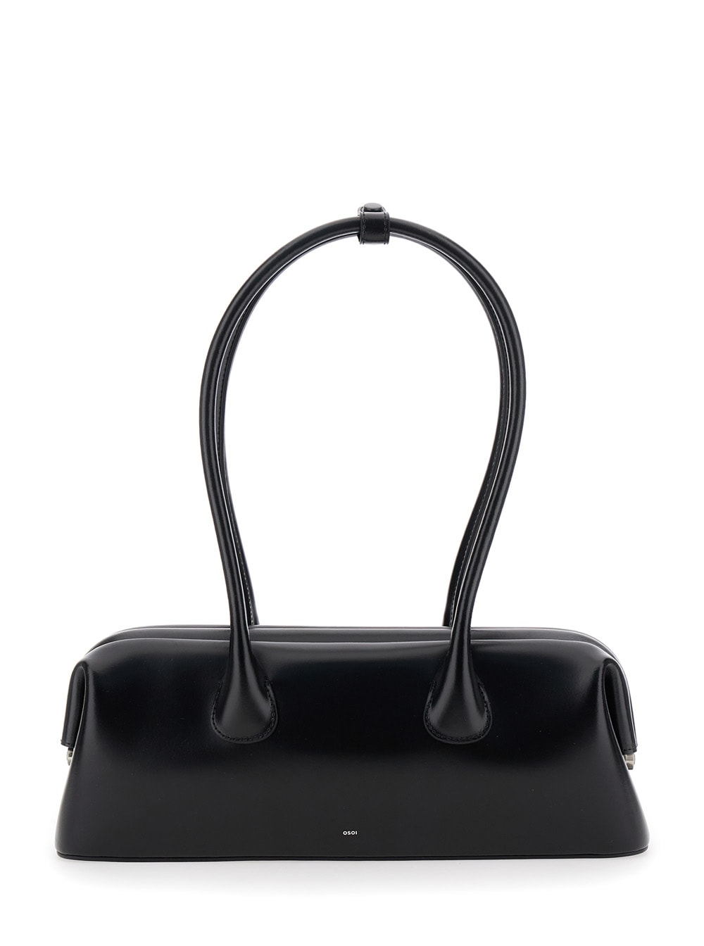 boat Wide Black Shoulder Bag With Round Handles And Lettering Logo On The Front In Leather Woman