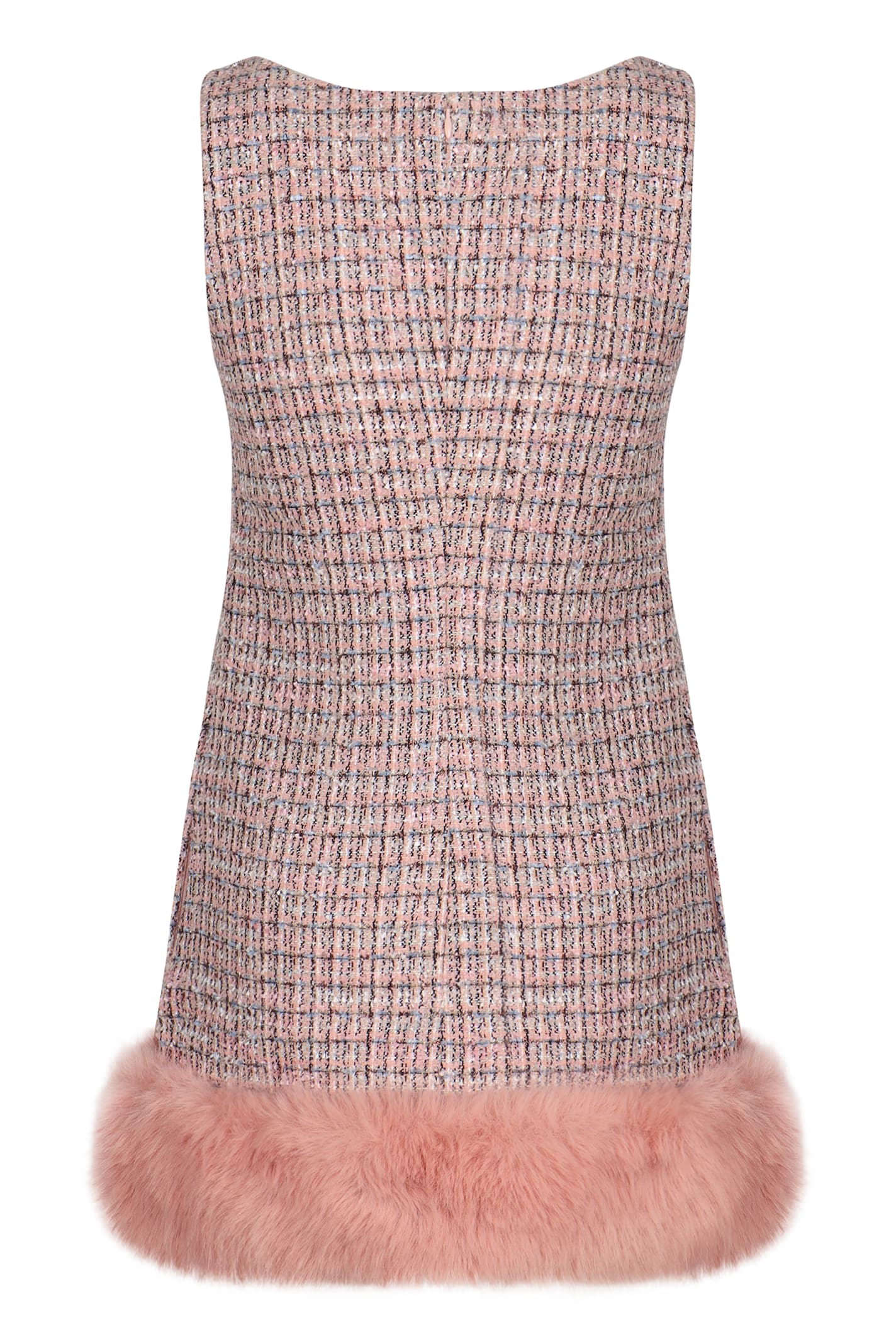 Self-portrait Pink Bouclé Faux Fur Hem Minidress In Multi