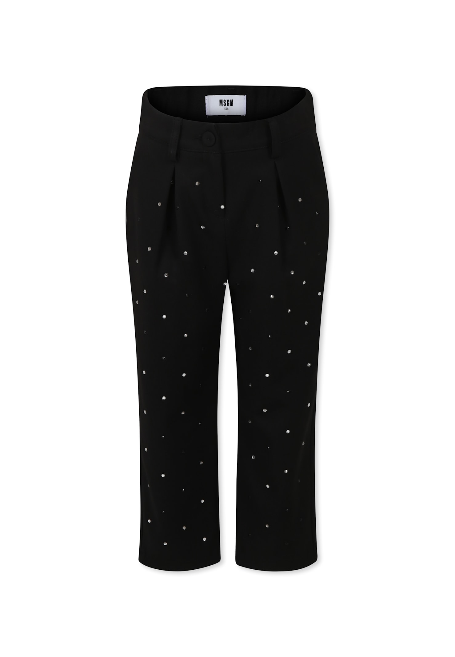 Msgm Black Trousers For Girl With Rhinestones And Logo In Black
