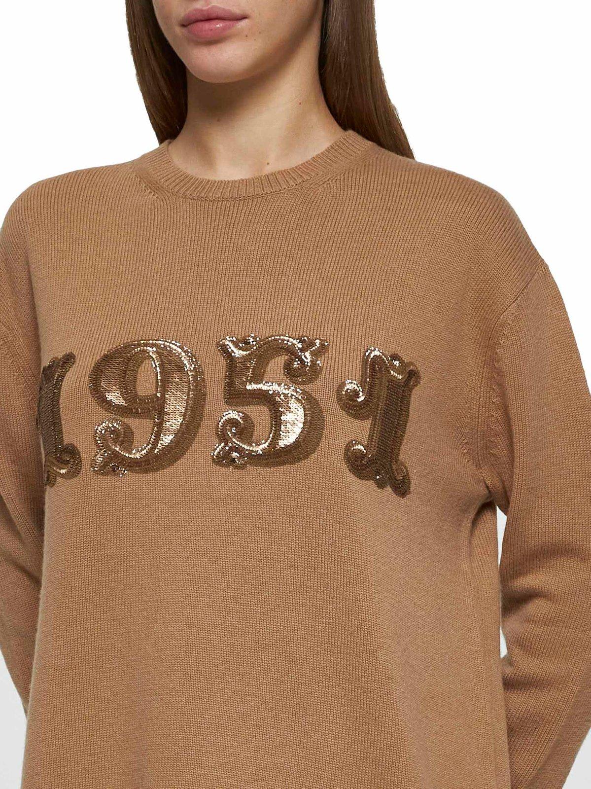 Shop Max Mara Plata Logo Embellished Crewneck Jumper In Brown