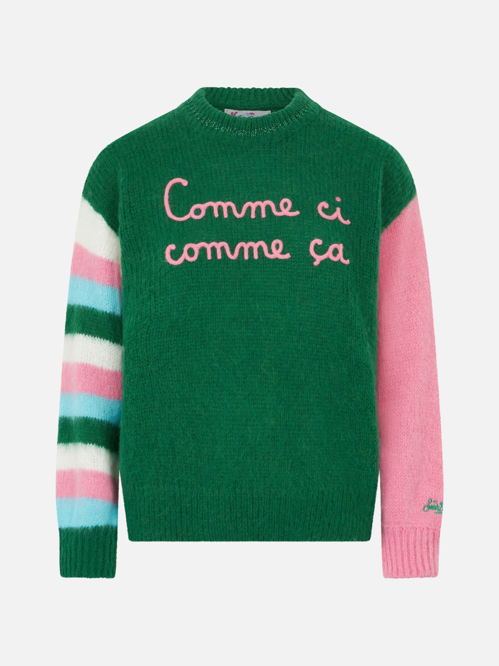 Mc2 Saint Barth Slogan-embroidered Patterned-jacquard Jumper In Green
