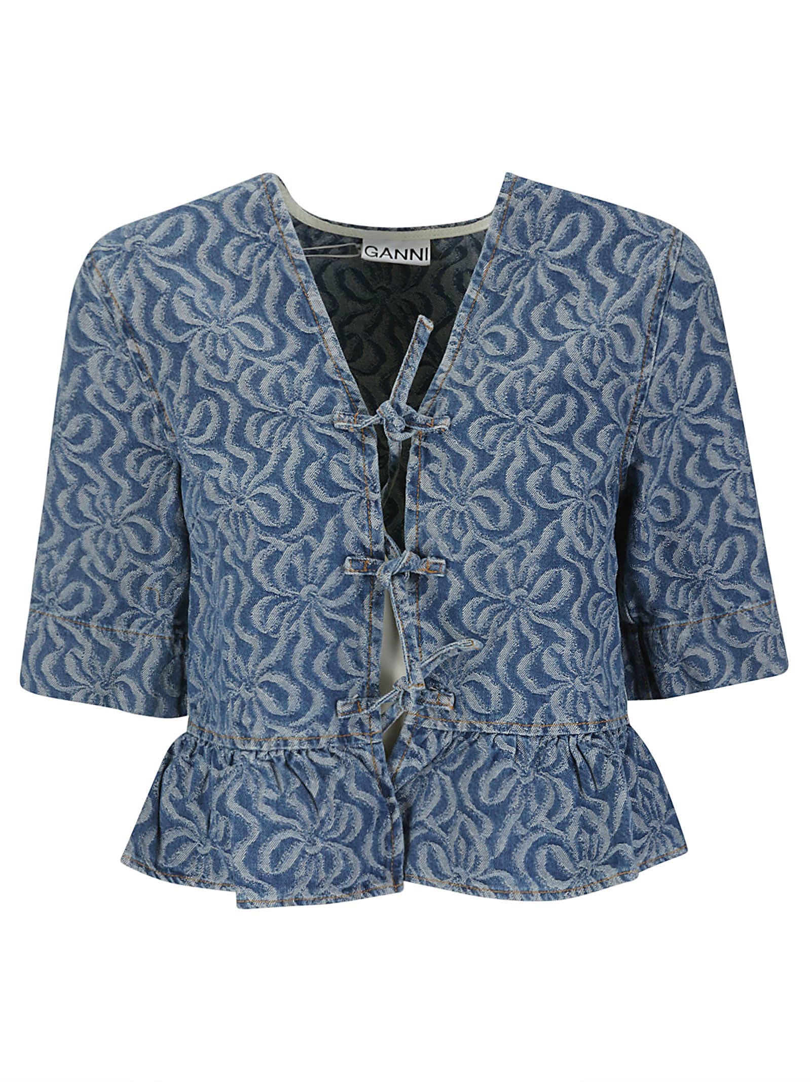 GANNI JACQUARD DENIM FLOUNCE TIE BLOUSE