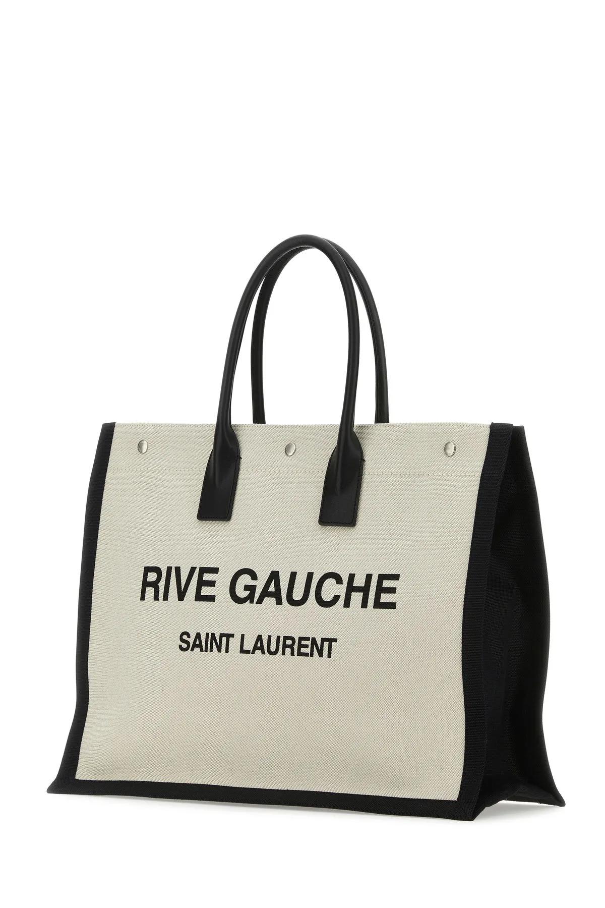 Shop Saint Laurent Sand Canvas Large Rive Gauche Shopping Bag In Greggio Nero