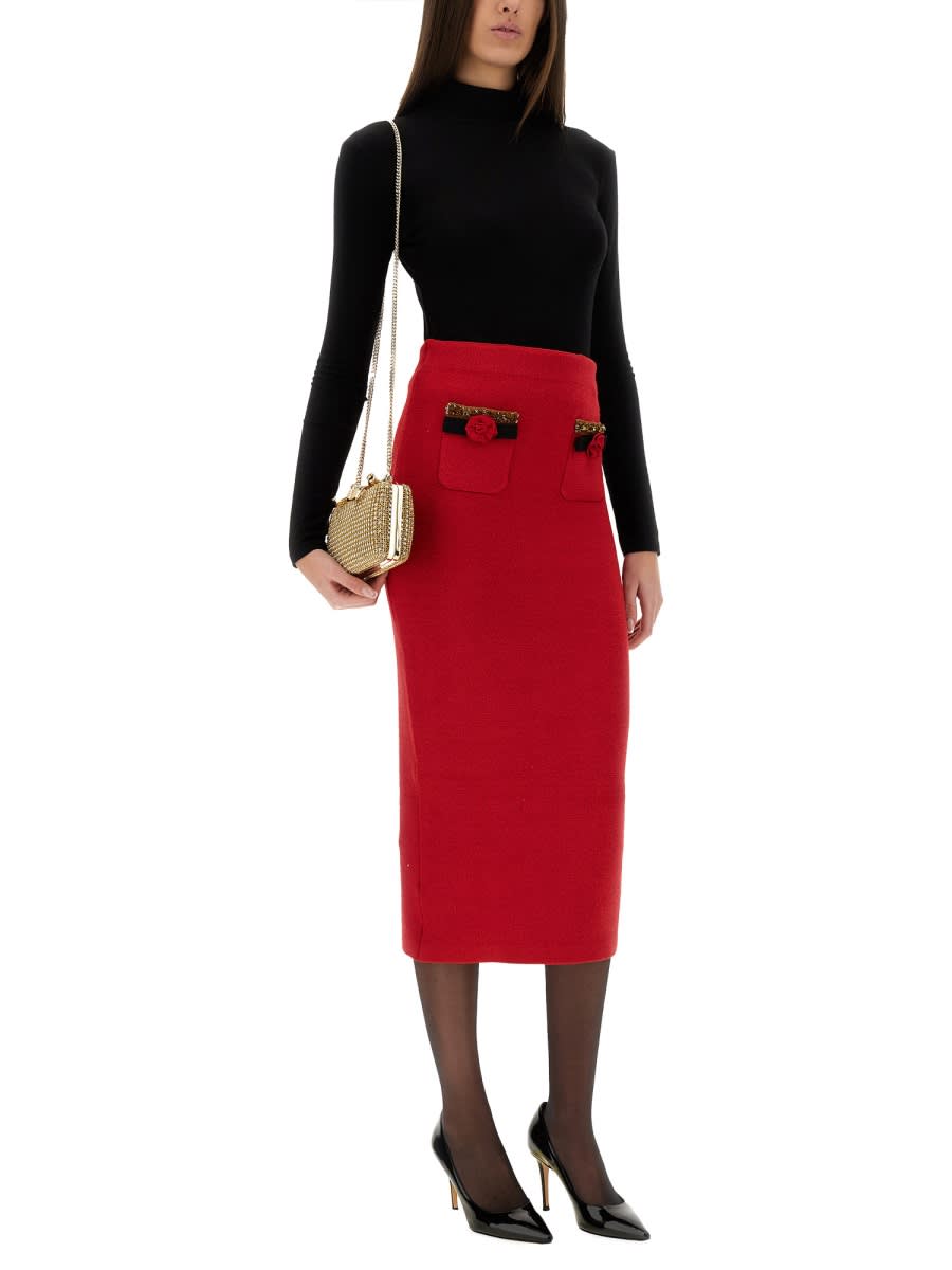 Self-portrait Knitted Corsage Midi Skirt In Red