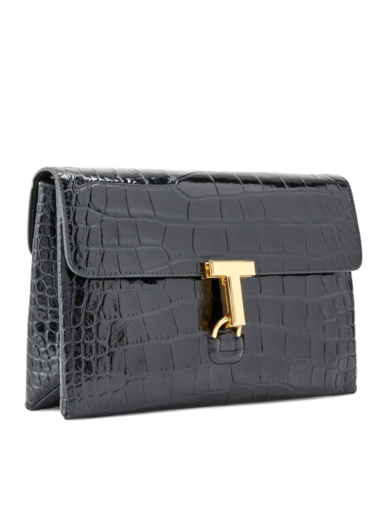 Shop Tom Ford Shiny Stamped Croc Medium Shoulder Bag In Black
