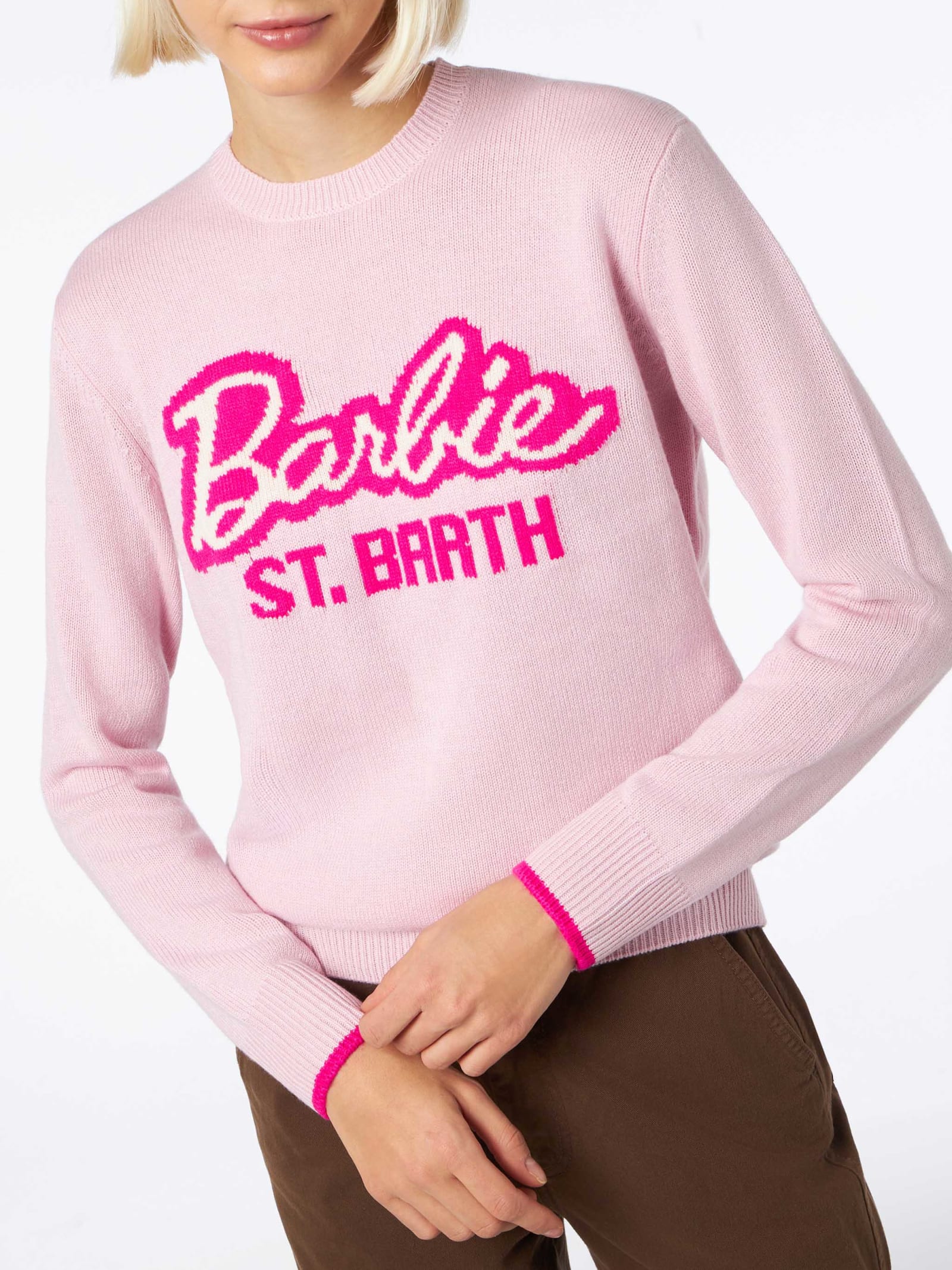 Shop Mc2 Saint Barth Woman Crewneck Pink Sweater With Barbie Print Barbie Special Edition